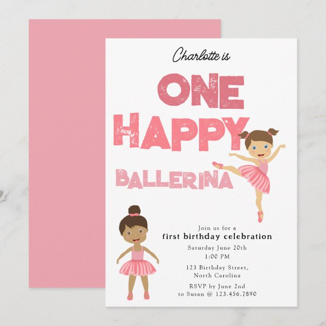 En Lycklig Ballerina Inbjudan 1:a Flickans Födelse (Fram/baksida)
