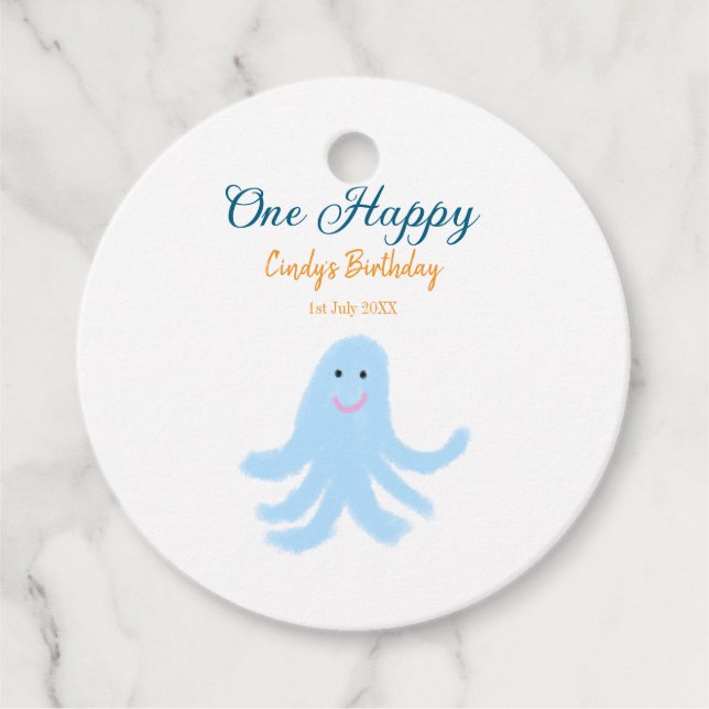 En lycklig blå bläckfisk under havets födelsedag gåvor etiketter (Framsida)