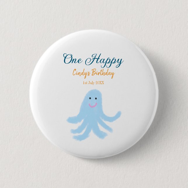 En lycklig blå bläckfisk under havets födelsedag knapp (Framsida)