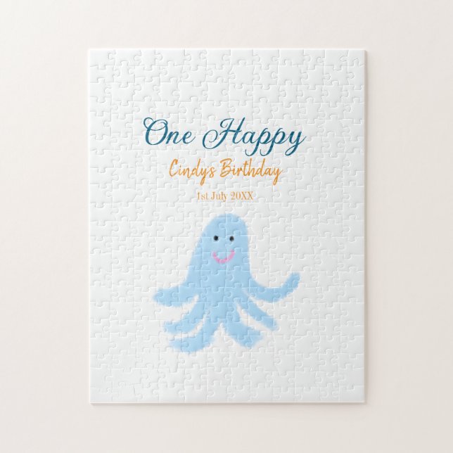 En lycklig blå bläckfisk under havets födelsedag pussel (Vertikal)