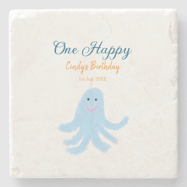 En lycklig blå bläckfisk under havets födelsedag stenunderlägg (Framsidan)