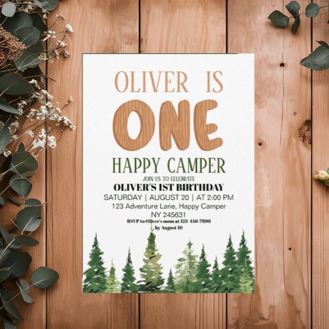 En Lycklig Campare Wood Boys 1-årsdag Inbjudningar (Skapare uppladdad)