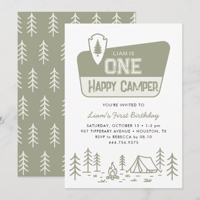 En Lycklig Camper Boys 1st Camping Forest Birthday Inbjudningar (Fram/baksida)