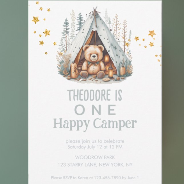 En Lycklig Camper Cute Woodland Bear Birthday Invi Inbjudningar (Skapare uppladdad)
