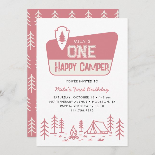 En Lycklig Camper Girls första Camping Forest Birt Inbjudningar (Fram/baksida)