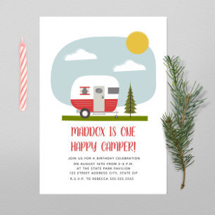 En Lycklig Camper Red Trailer Birthday Inbjudningar