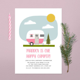 En Lycklig Camper Rosa Trailer Birthday Inbjudningar