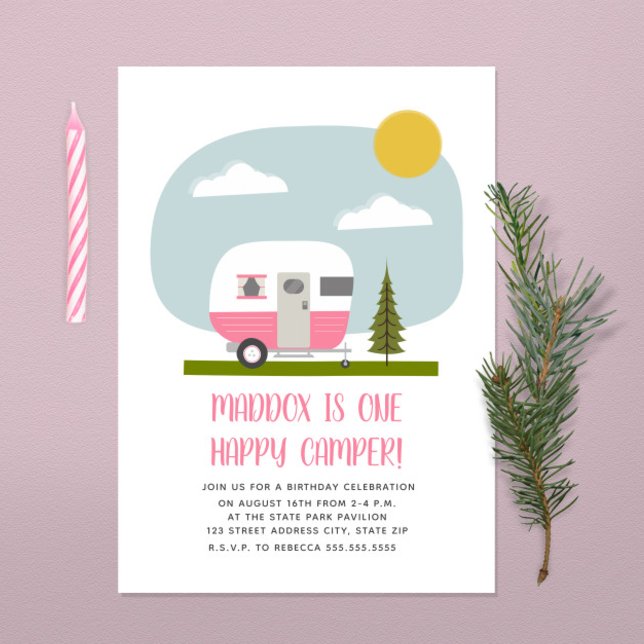En Lycklig Camper Rosa Trailer Birthday Inbjudningar (Skapare uppladdad)