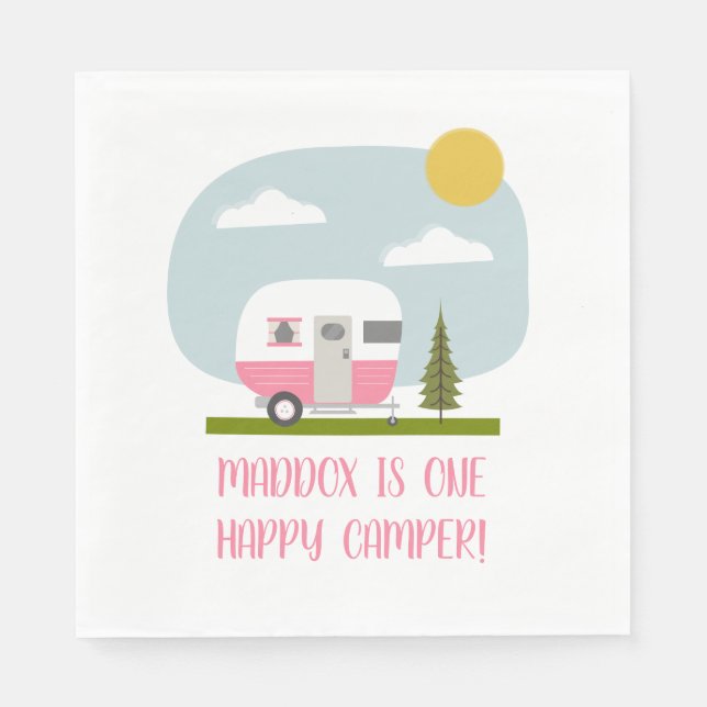 En Lycklig Camper Rosa Trailer Birthday Napkins Pappersservett (Framsidan)