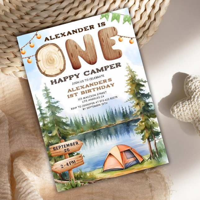 EN Lycklig Camper! Rustic Boy 1st Birthday Party Inbjudningar (Skapare uppladdad)
