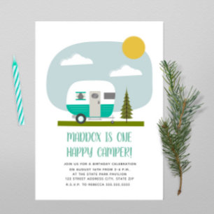 En Lycklig-Camper Turquise Trailer Birthday Inbjudningar
