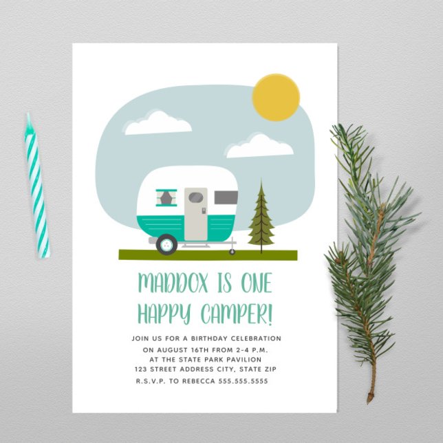 En Lycklig-Camper Turquise Trailer Birthday Inbjudningar (Skapare uppladdad)