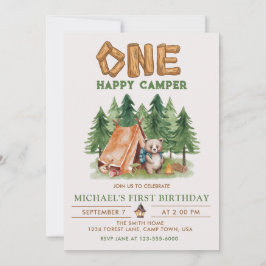 En Lycklig Camper Woodland Vattenfärg 1:a födelsed Inbjudningar