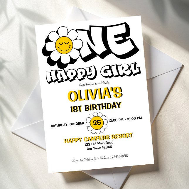 En lycklig-flicka, daisy 1:a födelsedag party inbjudningar (One happy girl retro daisy girls 1st birthday party invitation template cute black and white groovy)