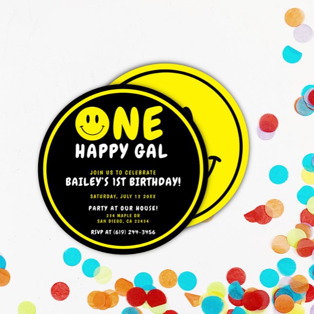En Lycklig Gal 1:a födelsedag, svart/Gult Smiley Inbjudningar (Skapare uppladdad)