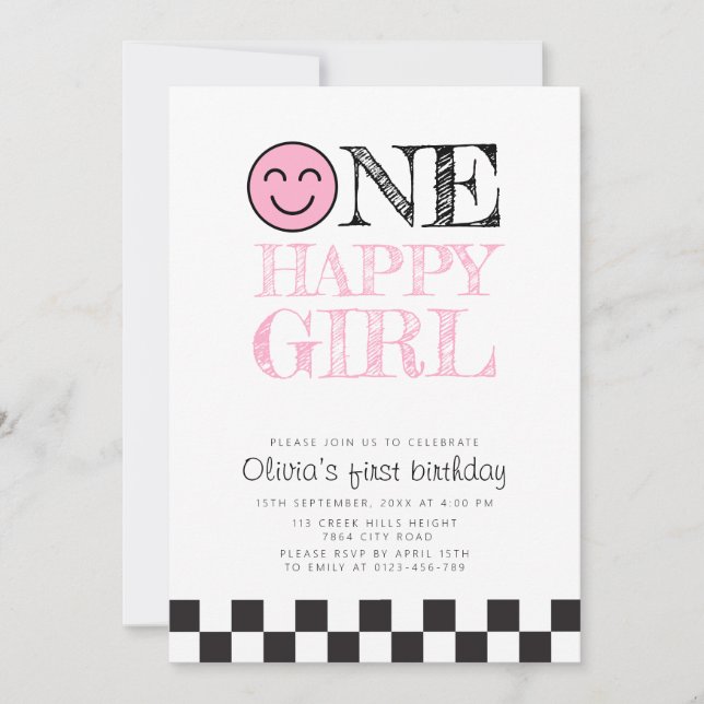 En Lycklig Girl Lycklig Ansikte Rosa Inbjudningar (Framsida)