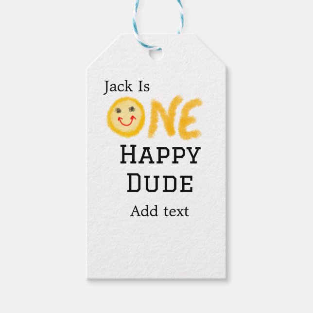 En lycklig-kille 1:a grattis på födelsedagen smile presentetikett (Framsidan)