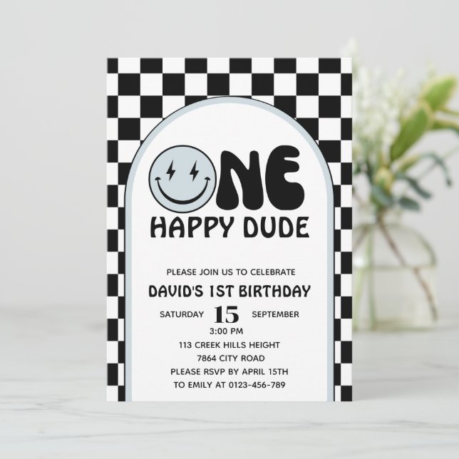 En Lycklig-kille Blue Lycklig Ansikte Boy Birthday Inbjudningar (Stående Fram)