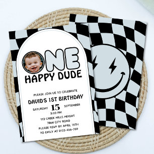 En Lycklig-kille Groovy Boy Photo Birthday Inbjudningar