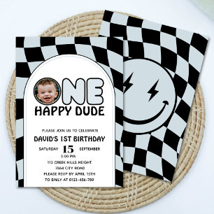 En Lycklig-kille Groovy Boy Photo Birthday Inbjudningar