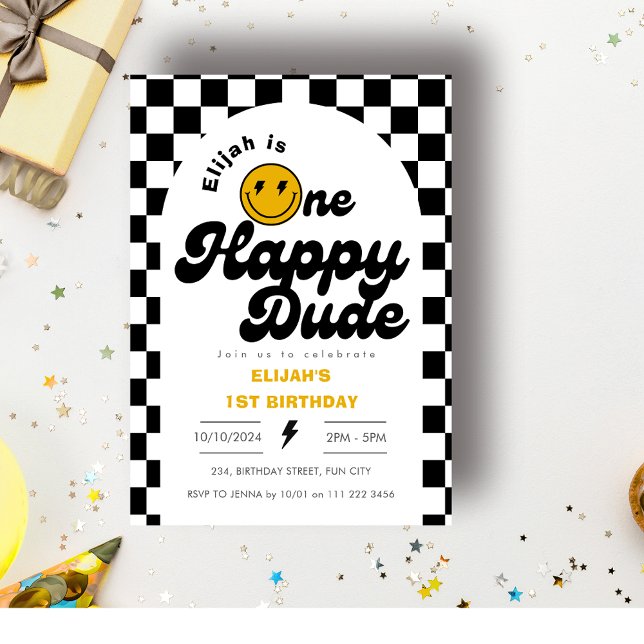 En Lycklig-kille Rad Boy 1:a födelsedagen Inbjudningar (One Happy Dude Rad Boy 1st Birthday Invitation)