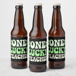 En lycklig lärare Groovy Retro Lärare St Patricks Ölflaska Etikett