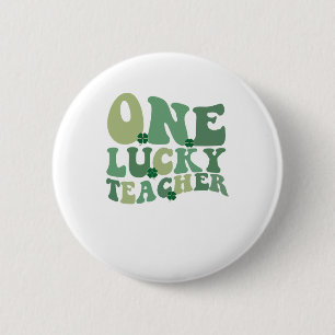 En lycklig lärare St Patricks Day Retro Groovy Knapp