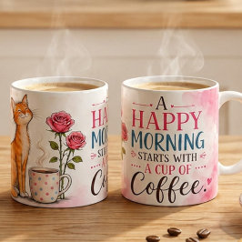 En lycklig morgon börjar med kaffe – söt katt & Co Kaffemugg
