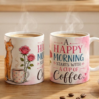 En lycklig morgon börjar med kaffe – söt katt & Co Kaffemugg