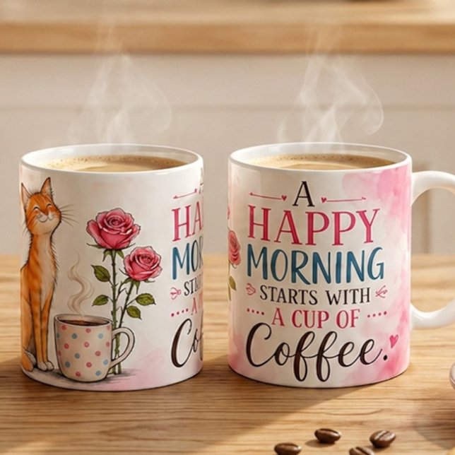 En lycklig morgon börjar med kaffe – söt katt & Co Kaffemugg (Skapare uppladdad)