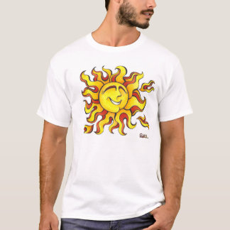 En lycklig teckning av en sol med ett stort tee shirt