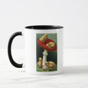 En lyckliga EasterChicks på den röda champinjone Mugg