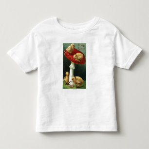 En lyckliga EasterChicks på den röda champinjone T-shirt