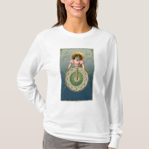 En lyckliga nya YearGirl atop en ta tid på Tee Shirt