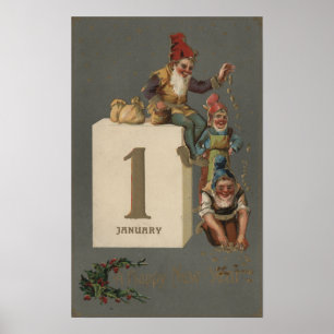 En lyckliga nya YearGnomes som kastar pengar Poster