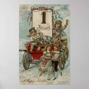 En lyckliga nya YearKids runt om en röd vagn Poster