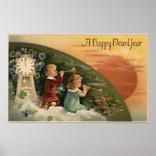 En lyckliga nya YearKids som blåser trumpeter Poster