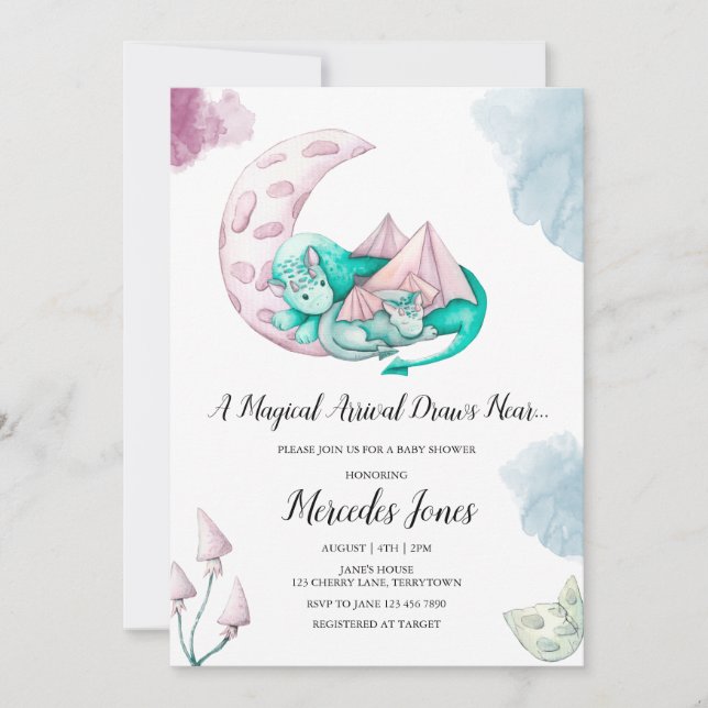 En magisk ankomst ritas nära Dragon Baby Shower Inbjudningar (Framsida)