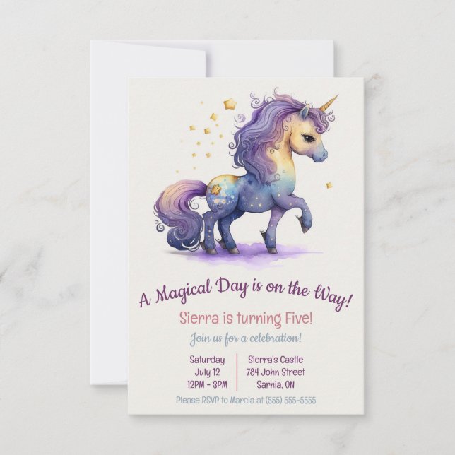 En magisk dag är på väg! Unicorn Birthday Inbjudningar (Framsida)