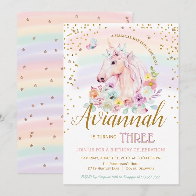 En magisk dag Sorbet Unicorn Birthday Inbjudningar (Fram/baksida)