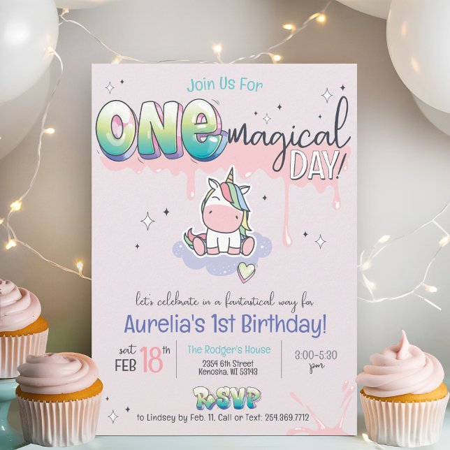 En magisk dag Unicorn Graffiti Girl 1:a födelsedag Inbjudningar (One magical day cute first pink pastel graffiti kawaii unicorn rainbow 1st birthday party invitation)