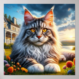En maine Coon Cat Resting in a Tranquil Countrysid Poster