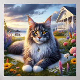 En maine Coon Cat Resting in a Tranquil Countrysid Poster