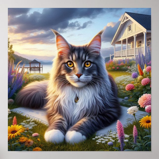 En maine Coon Cat Resting in a Tranquil Countrysid Poster (Framsidan)