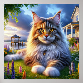 En maine Coon Cat Resting in a Tranquil Countrysid Poster