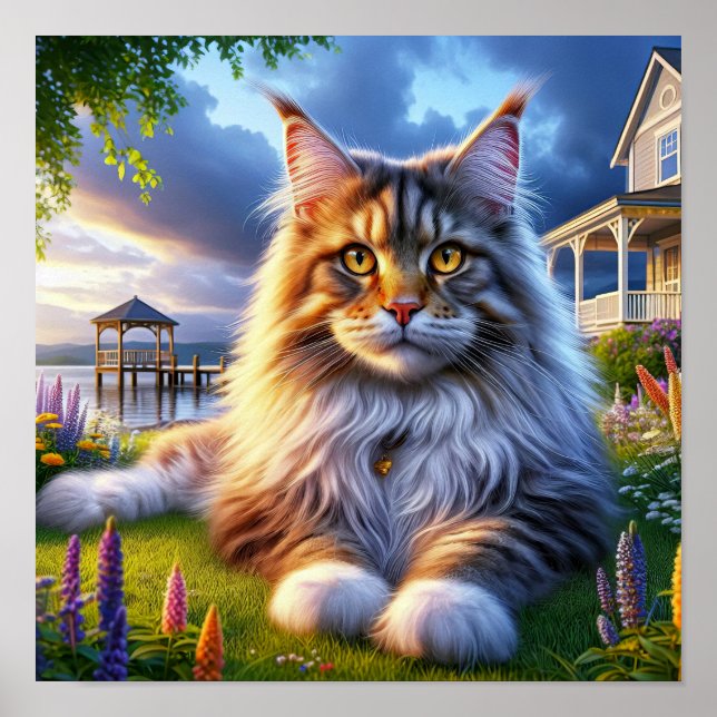 En maine Coon Cat Resting in a Tranquil Countrysid Poster (Framsidan)