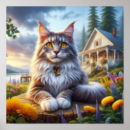 En maine Coon Cat Resting in a Tranquil Countrysid Poster