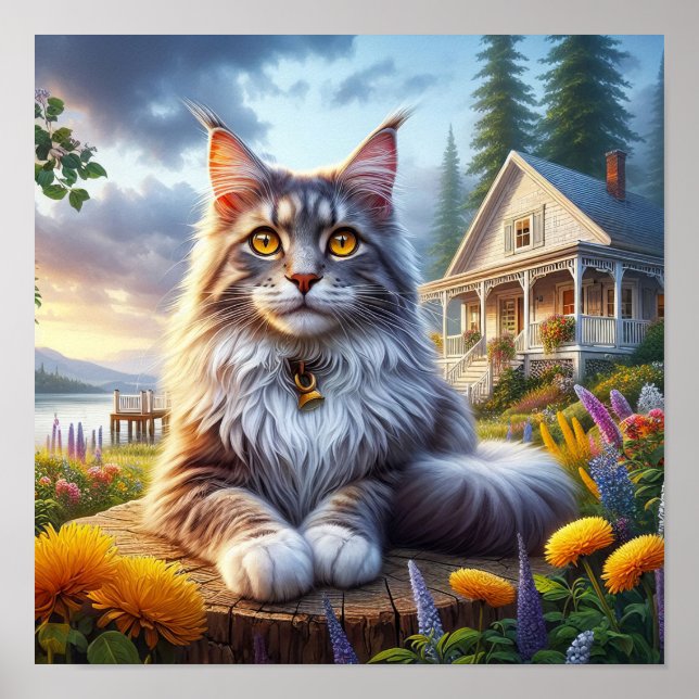 En maine Coon Cat Resting in a Tranquil Countrysid Poster (Framsidan)