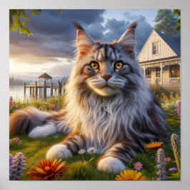 En maine Coon Cat Resting in a Tranquil Countrysid Poster