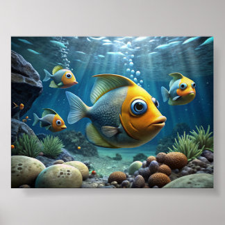 En målarfärg på fisk grund vid floden poster